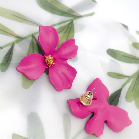Hot Pink Korean Painted Metal Flower Earrings - Picture 3 of 5